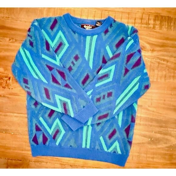 Vintage Rainbow Ridge Sweater Geometric Blue Green Purple Made in Korea M - Picture 1 of 7